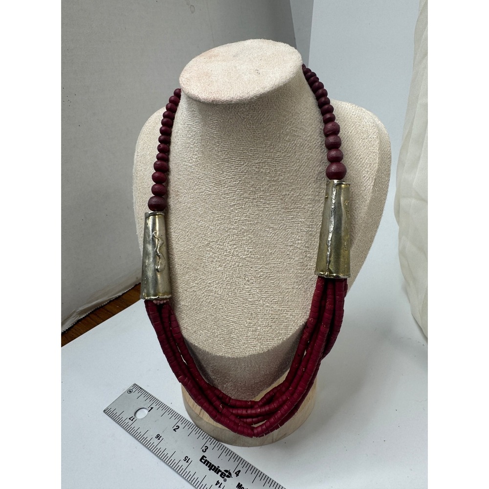 Vintage Boho Burgundy Red Wood Bead Multi Strand Statement Necklace Silver Tone
